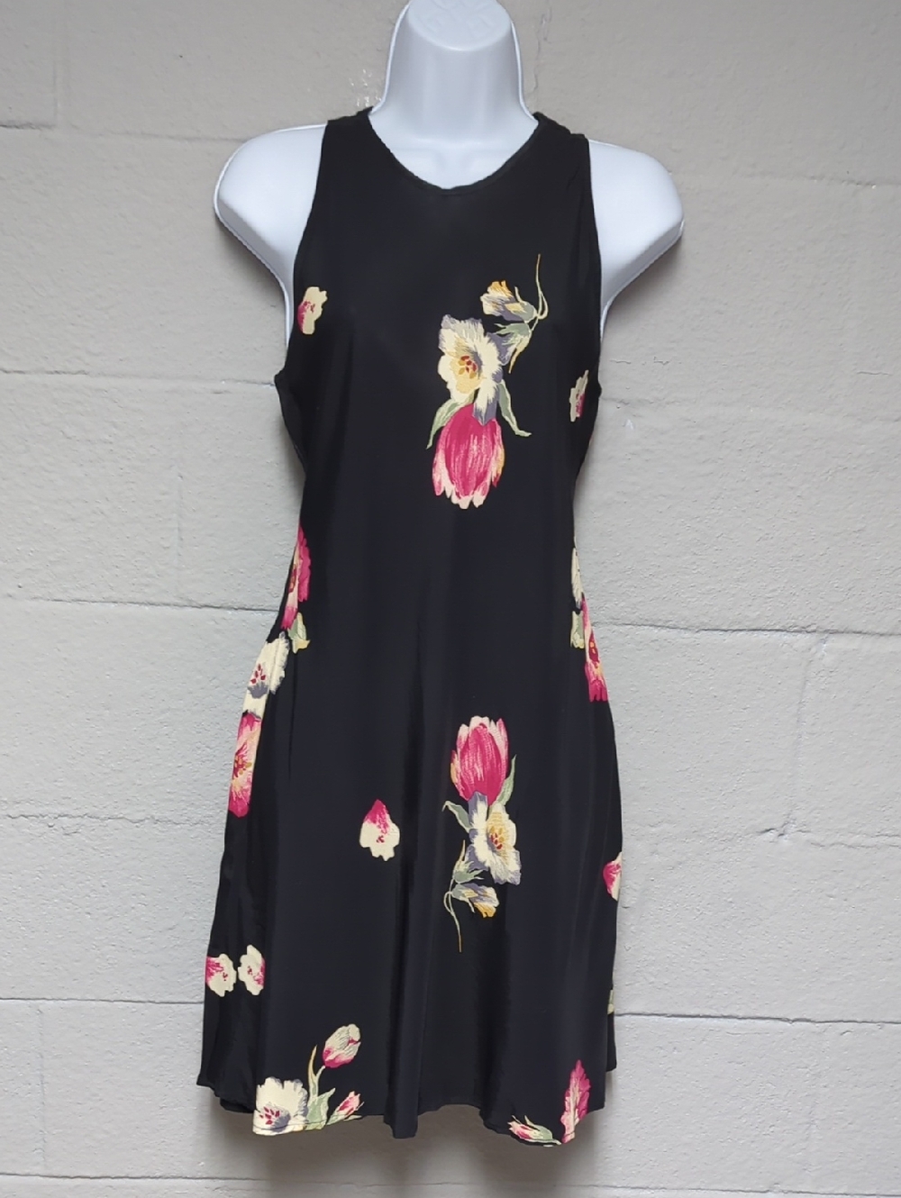 Vintage 90s Tank Dress Size M Midi Bias Cut Black Floral
